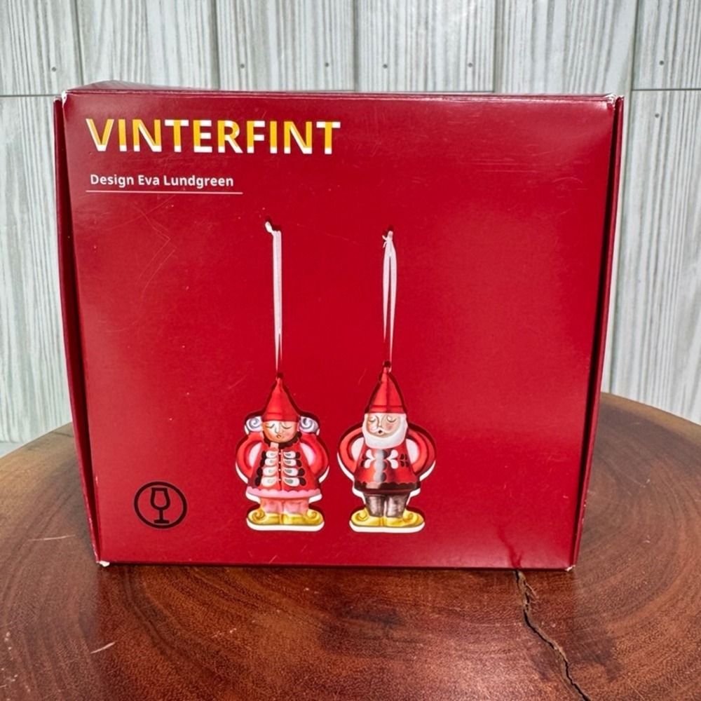 IKEA Vinterfint Glass Christmas Ornaments Set of 2 Eva Lundgreen Gnomes Red Gold